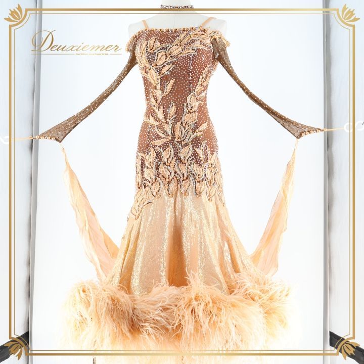 社交ダンス 衣装 スタンダードドレス ワンピース ドレス ファー 茶色