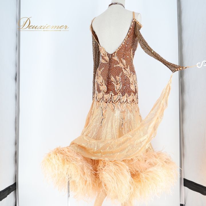 社交ダンス 衣装 スタンダードドレス ワンピース ドレス ファー 茶色