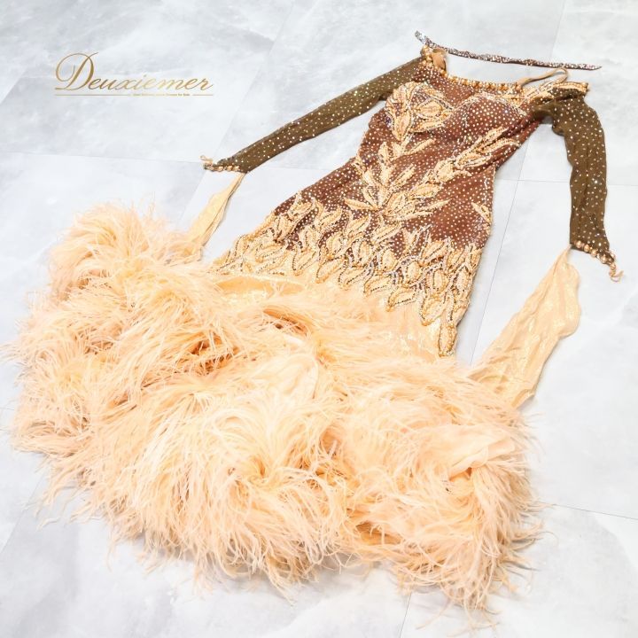 社交ダンス 衣装 スタンダードドレス ワンピース ドレス ファー 茶色