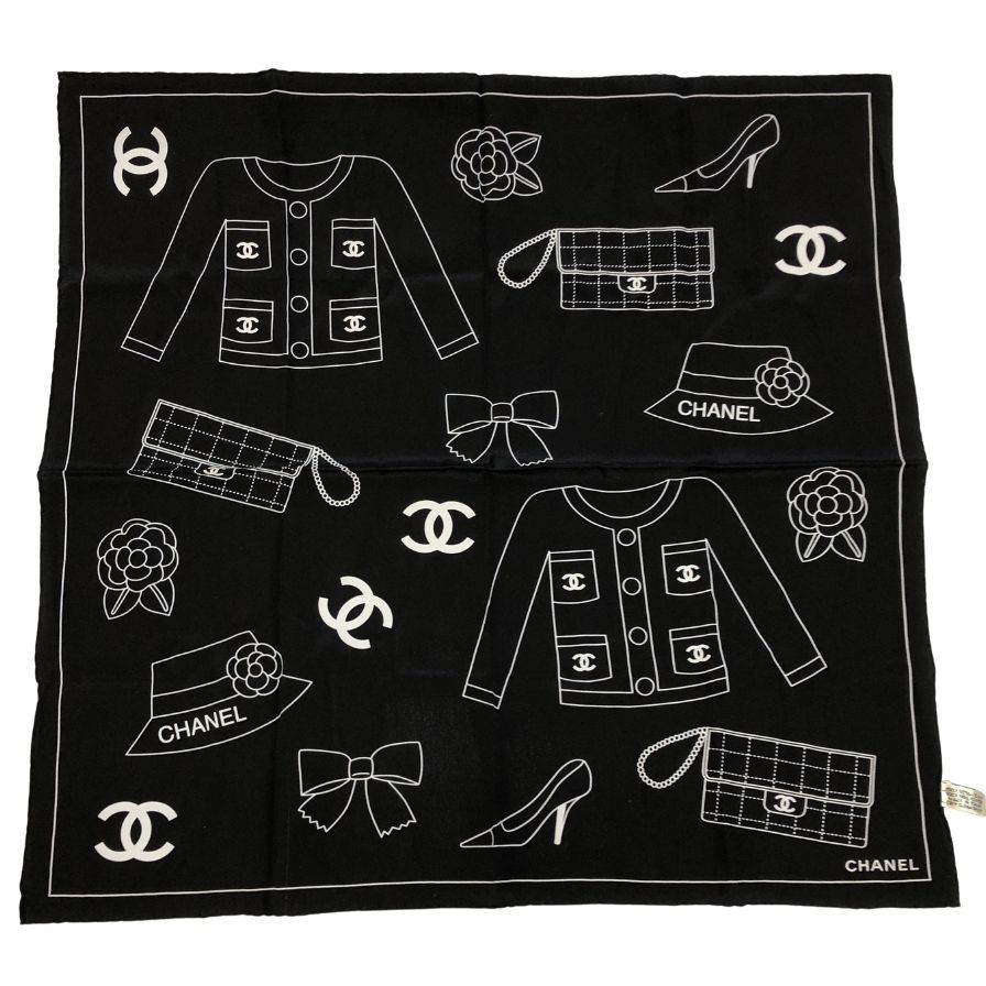 シャネル スカーフ 総柄 シルクハンカチ ブラック×ホワイト【AFI21
