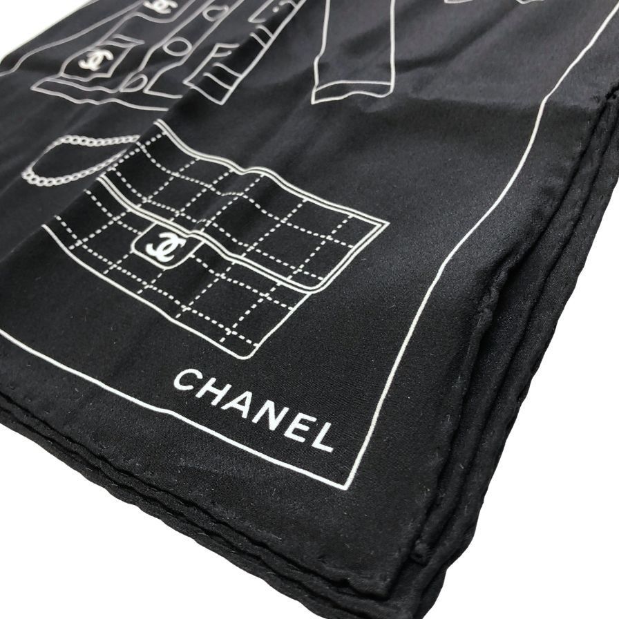 シャネル スカーフ 総柄 シルクハンカチ ブラック×ホワイト【AFI21