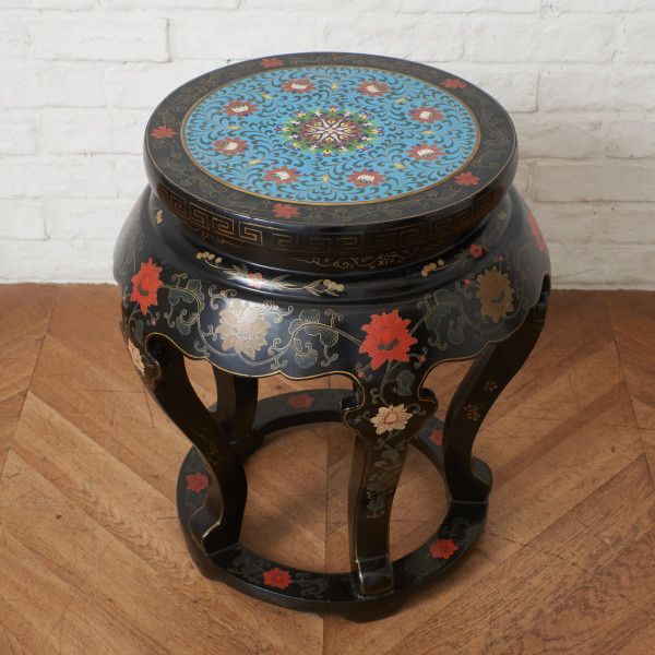 中国美術 七宝 天板 高卓 サイドテーブル 高さ545mm 木彫刻 猫脚 花台