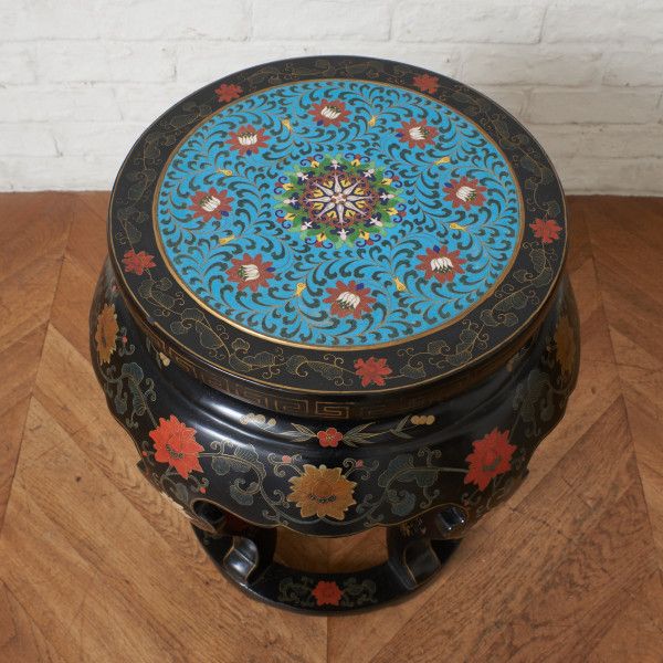 中国美術 七宝 天板 高卓 サイドテーブル 高さ545mm 木彫刻 猫脚 花台