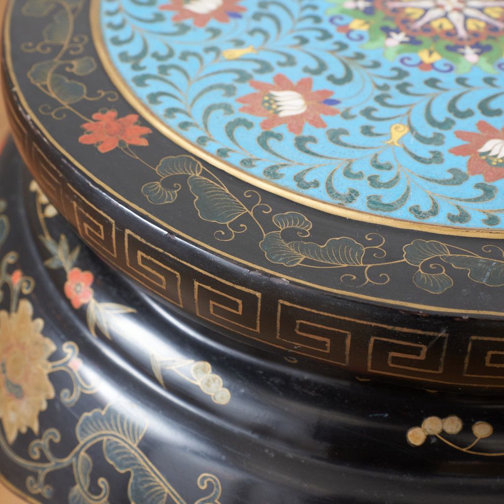 中国美術 七宝 天板 高卓 サイドテーブル 高さ545mm 木彫刻 猫脚 花台