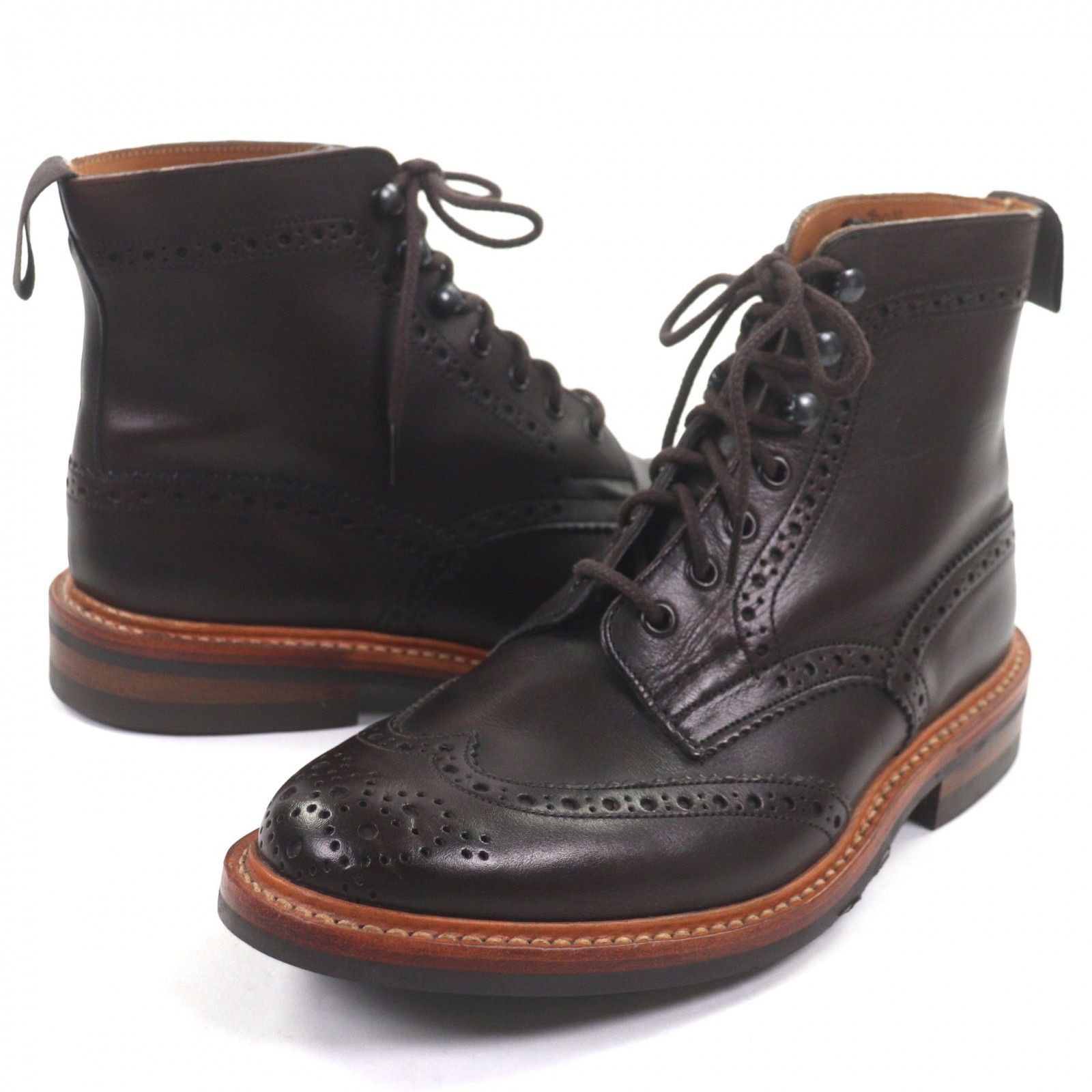매우 아름다운 ▼ Tricker's Trickers M7018 가죽 윙팁 디나이트 솔 에스프레소 버니쉬 컨트리 부츠 다크 브라운 8.5 -5 박스 및 보관용 가방 포함, 영국산, 남성용