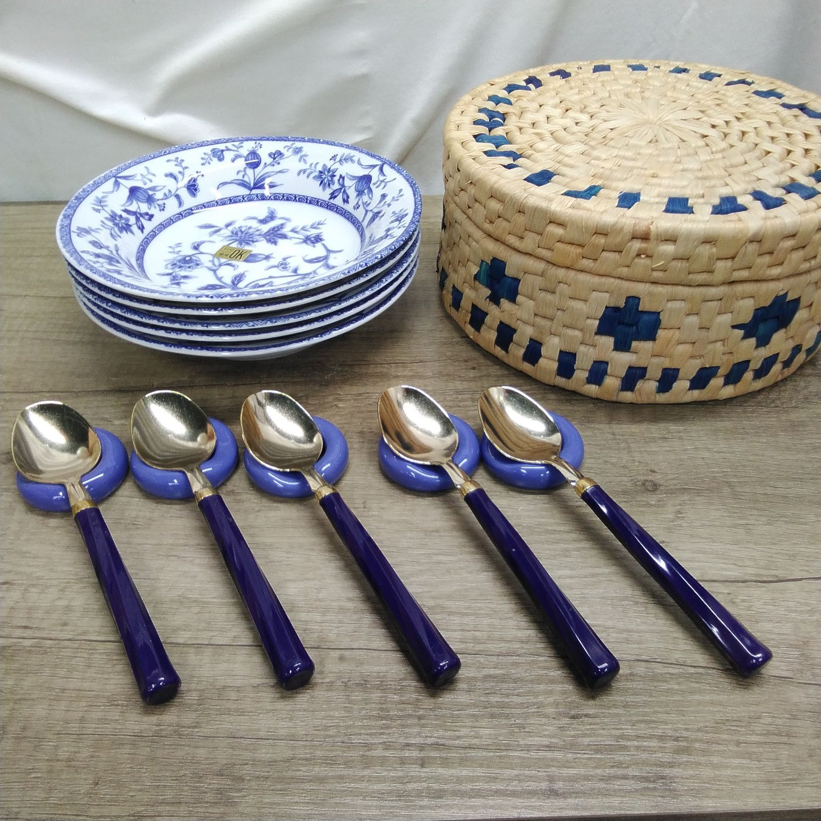 陶器食器 オリエントブルー 籠入りカレー皿セット カレー皿＆スプーン