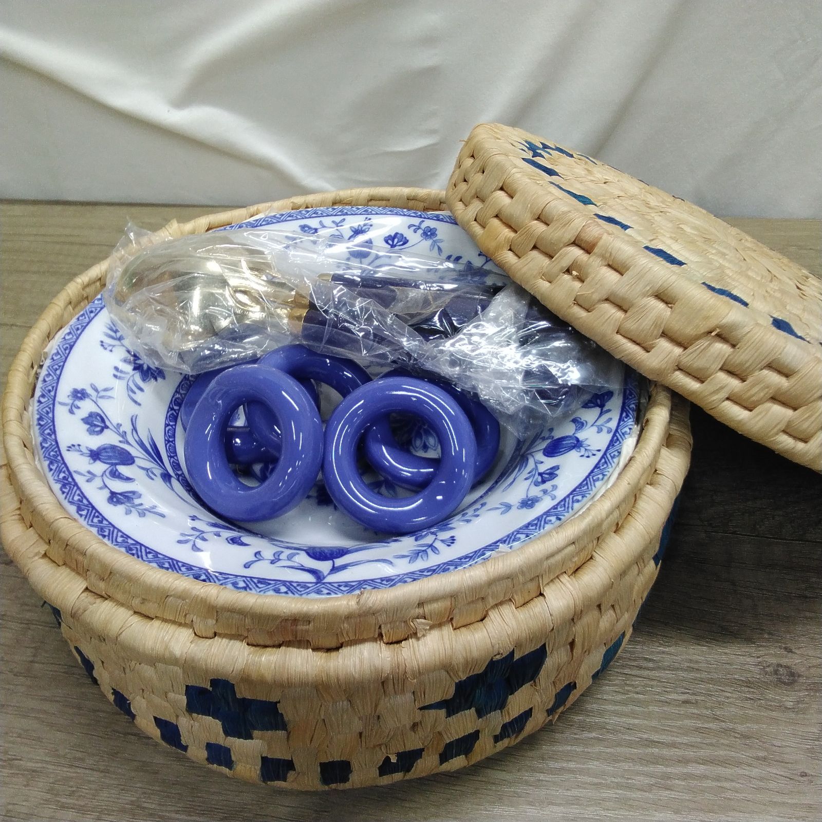 陶器食器 オリエントブルー 籠入りカレー皿セット カレー皿＆スプーン