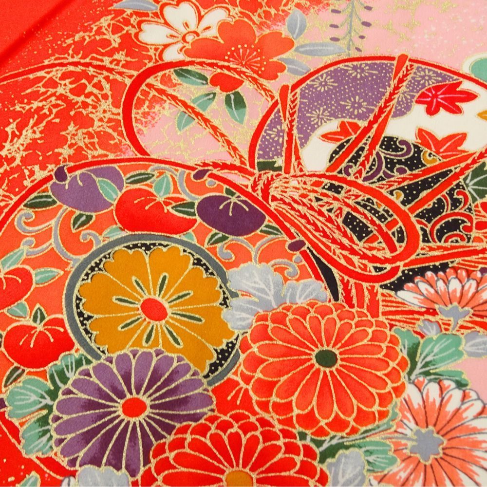 女児 祝着 産着 初着 正絹 リユース 中古 花車 毬 金彩 熨斗目 8009-12