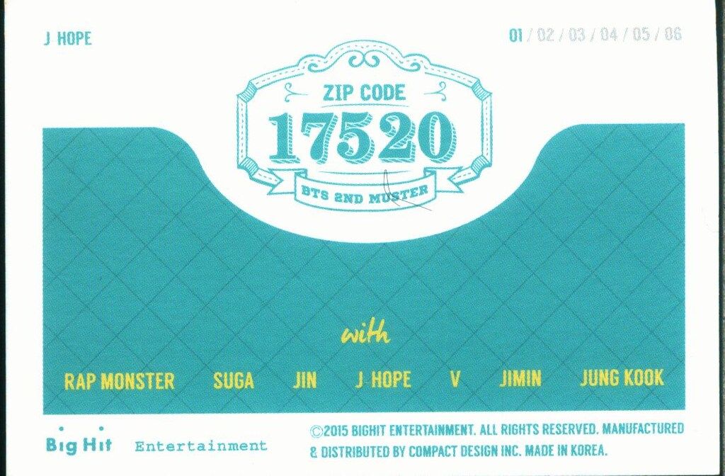 BTS RANDOM PHOTO CARD J-HOPE 2015 ZIP CODE 17520 2ND MUSTER 1/6