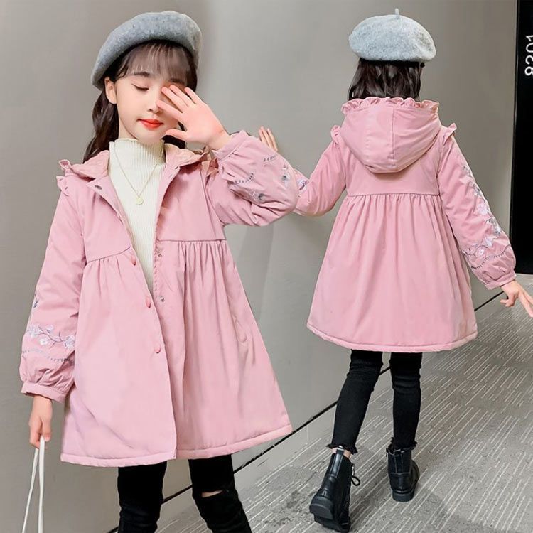 再入荷 フリルトレンチコート ジャケット トレンチコート フリル フード付き 刺 花柄 フラワー ミディアム丈 長袖 アウター 可愛い 子供コート ロングコート 子ども ガールズ 可愛い ジュニ