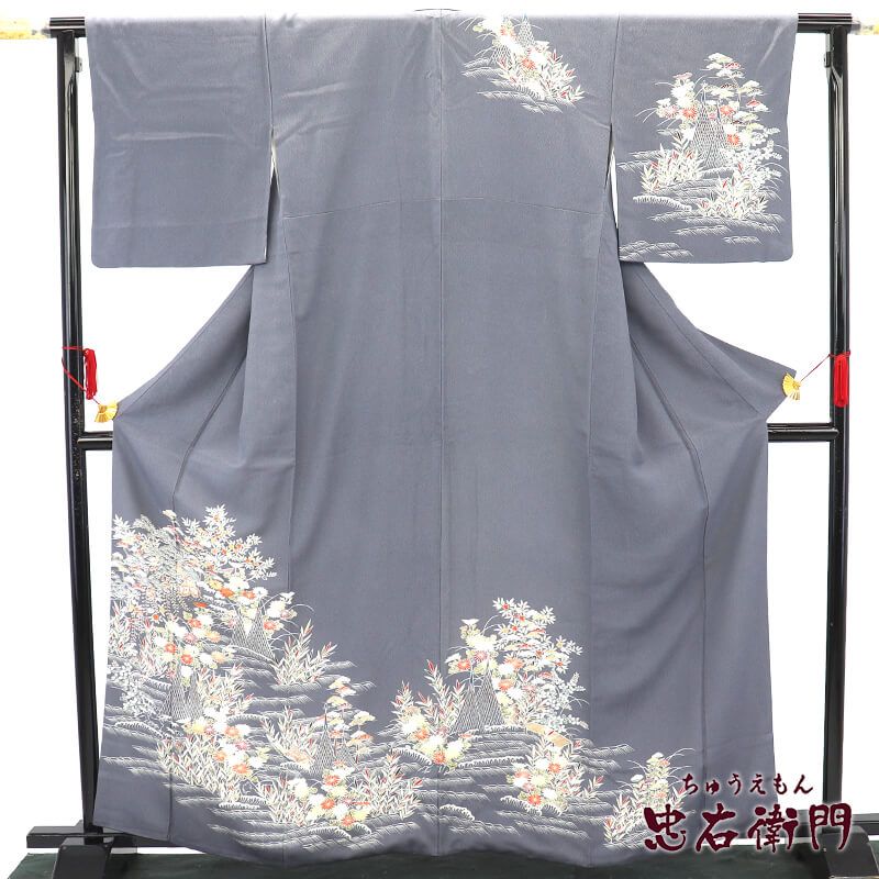 付下げ 袷 レディース 正絹 灰 松 秋草文 雪吊り 身丈166cm 裄丈66.5cm