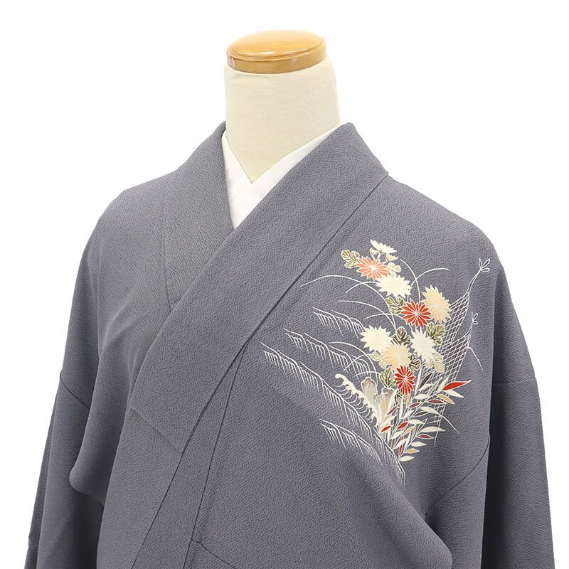 付下げ 袷 レディース 正絹 灰 松 秋草文 雪吊り 身丈166cm 裄丈66.5cm