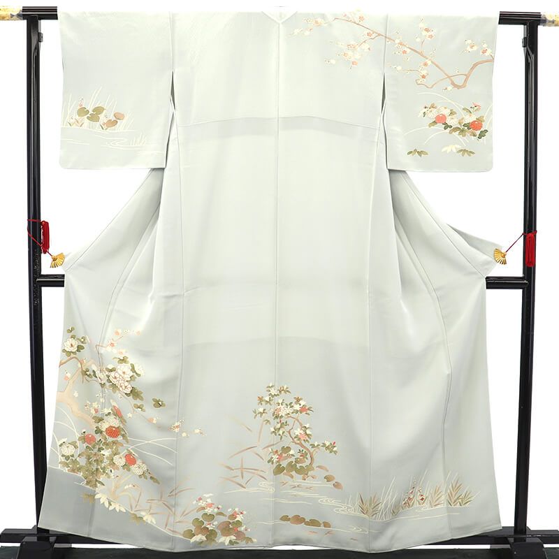 訪問着 袷 レディース 正絹 薄灰 松 松葉 桜 梅 菊 上品 身丈163cm 裄
