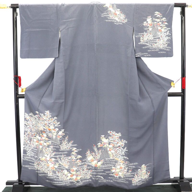 訪問着 秀品 松 銀糸 裾ぼかし 灰色 袷 身丈166cm 裄丈68cm L 正絹