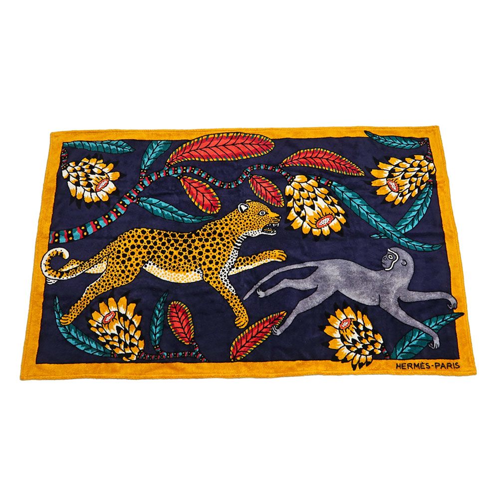 名東】エルメス ビーチタオル 大判 レオパード モンキー 豹 猿 マルチ