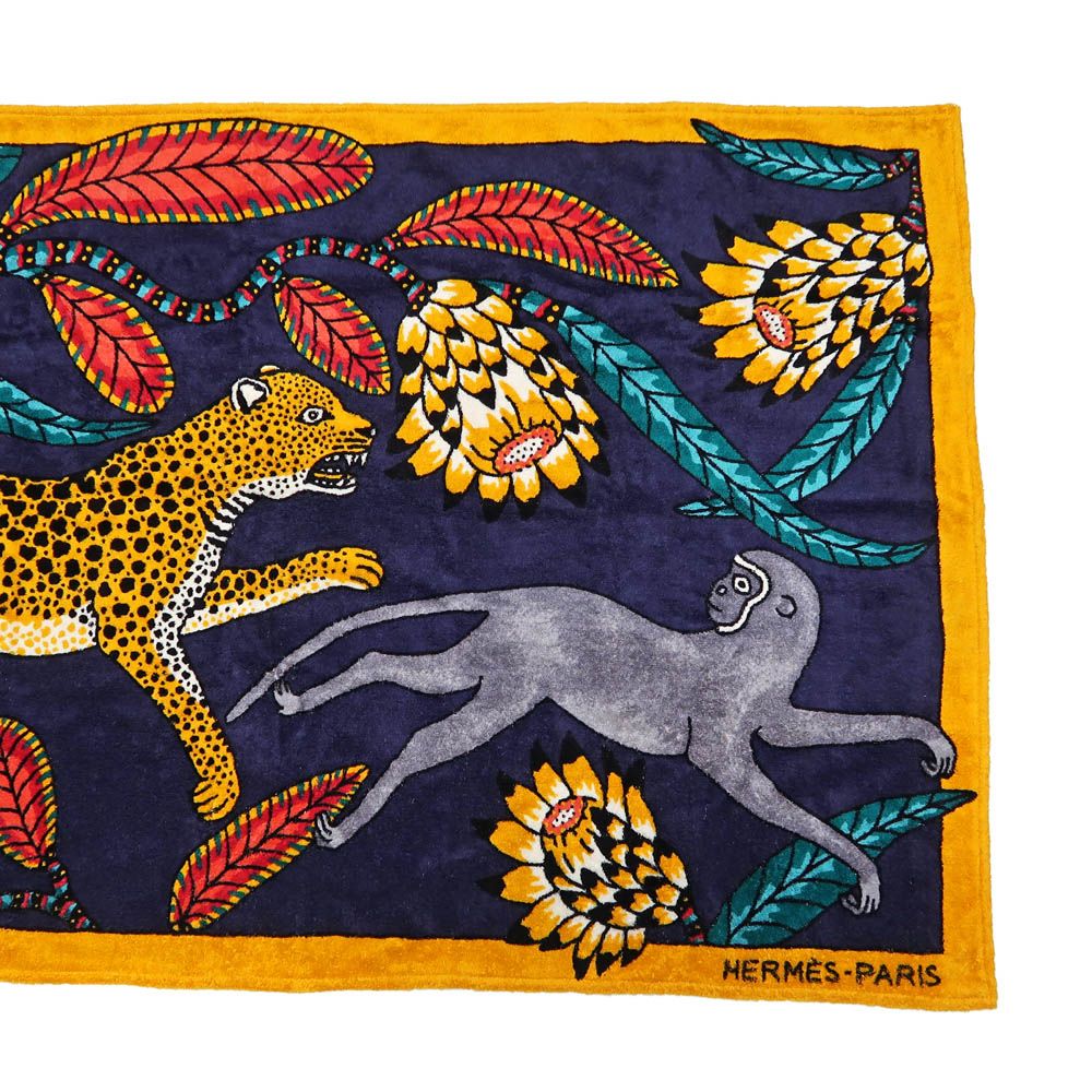 名東】エルメス ビーチタオル 大判 レオパード モンキー 豹 猿 マルチ