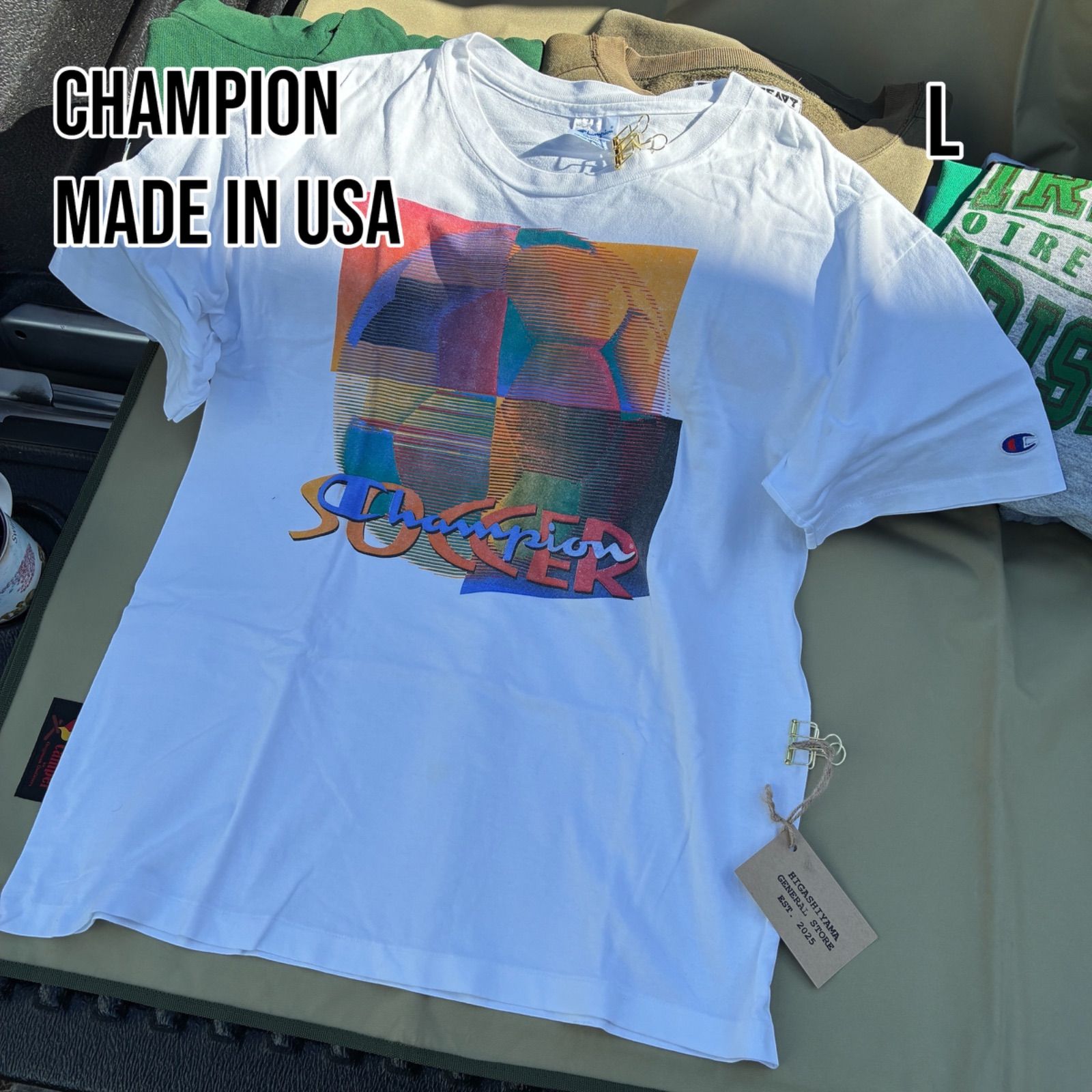 Champion 90s USA製 Tシャツ L サッカー アート シングルステッチ 白 