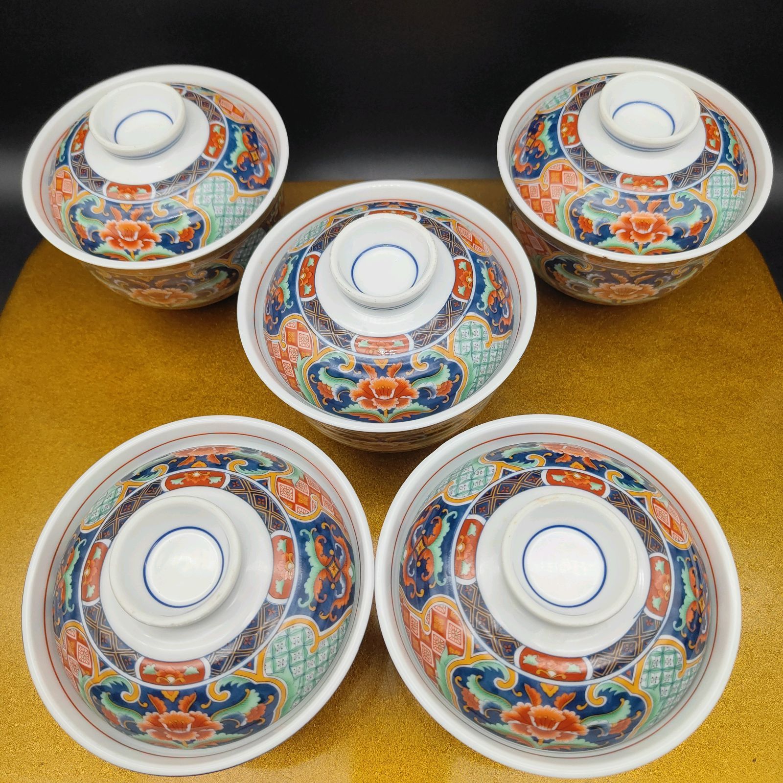 美濃焼 喜峰窯 蓋付き碗 5客セット 染錦 豪華絢爛 煮物碗 茶碗蒸し