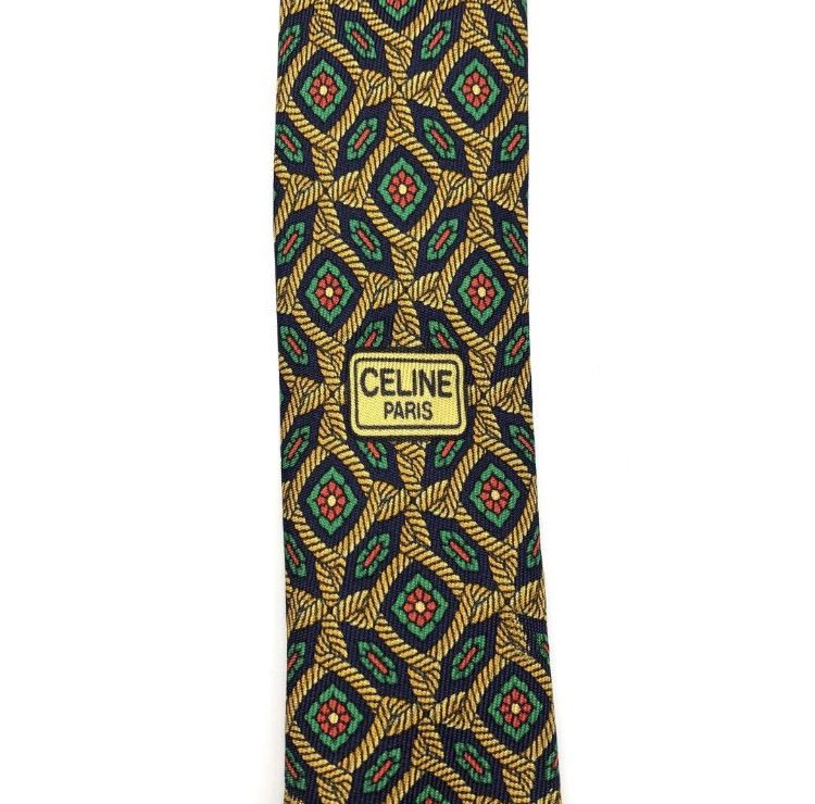 極美品】CELINE セリーヌ ネクタイ 総柄 ゴールド グリーン ロゴ