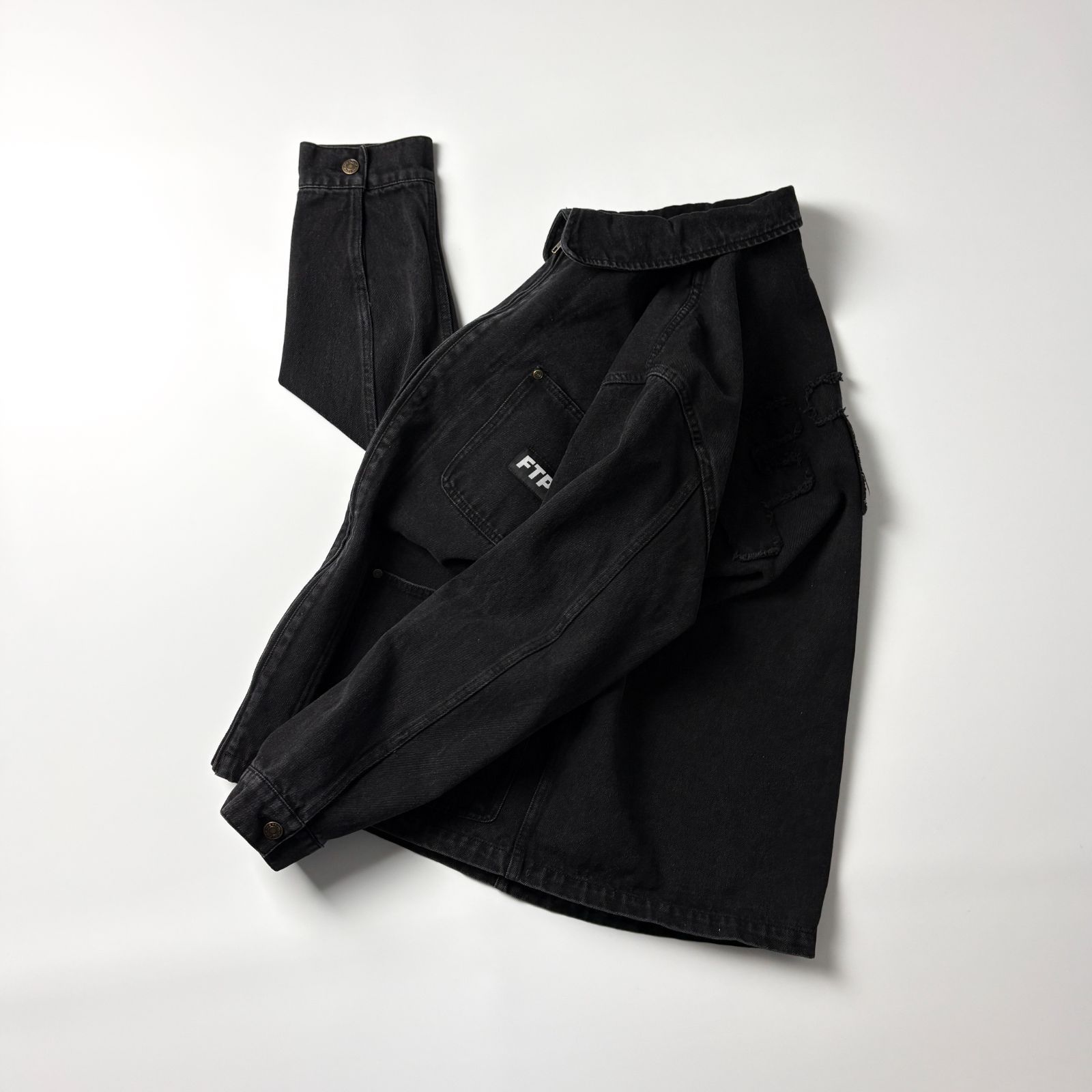 FTP Frayed Denim Logo Chore Jacket L 黒 ブラック デニムジャケット 