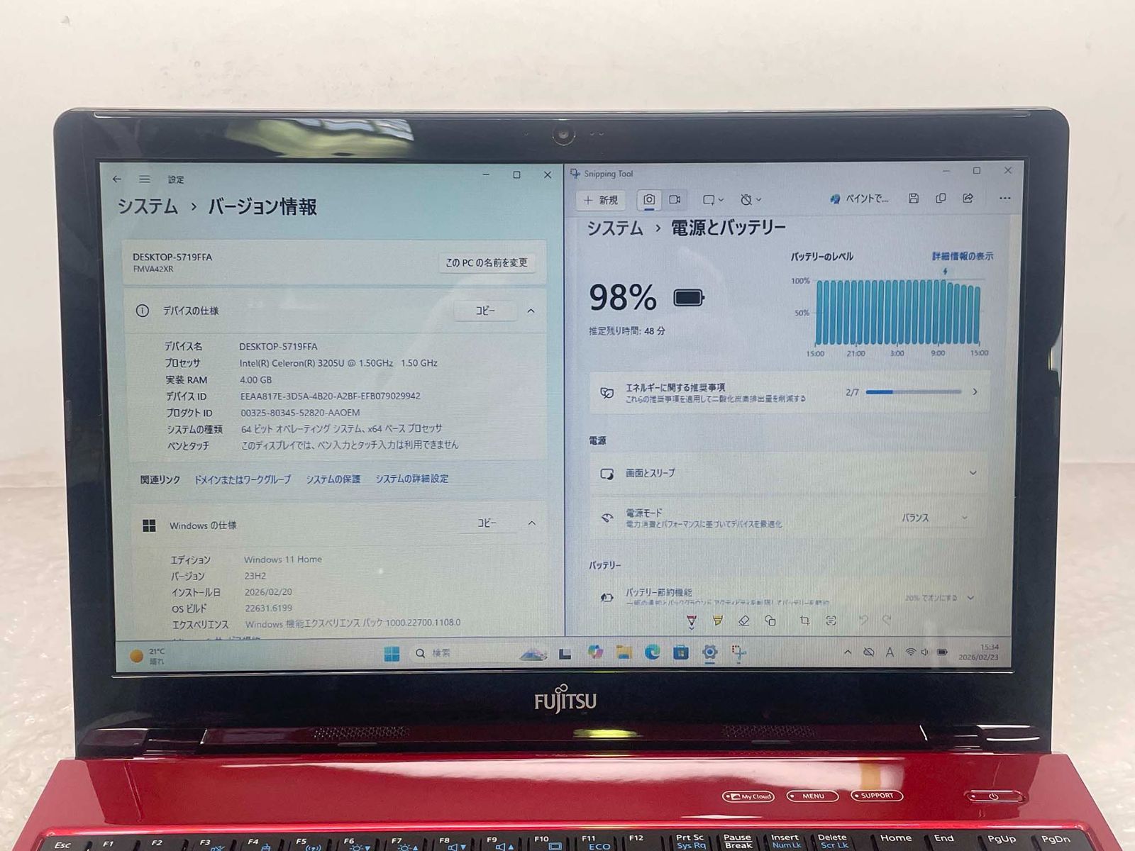 富士通 LIFEBOOK AH42/X Celeron 3205U/4GB/1TB HDD/Windows11/15.6型