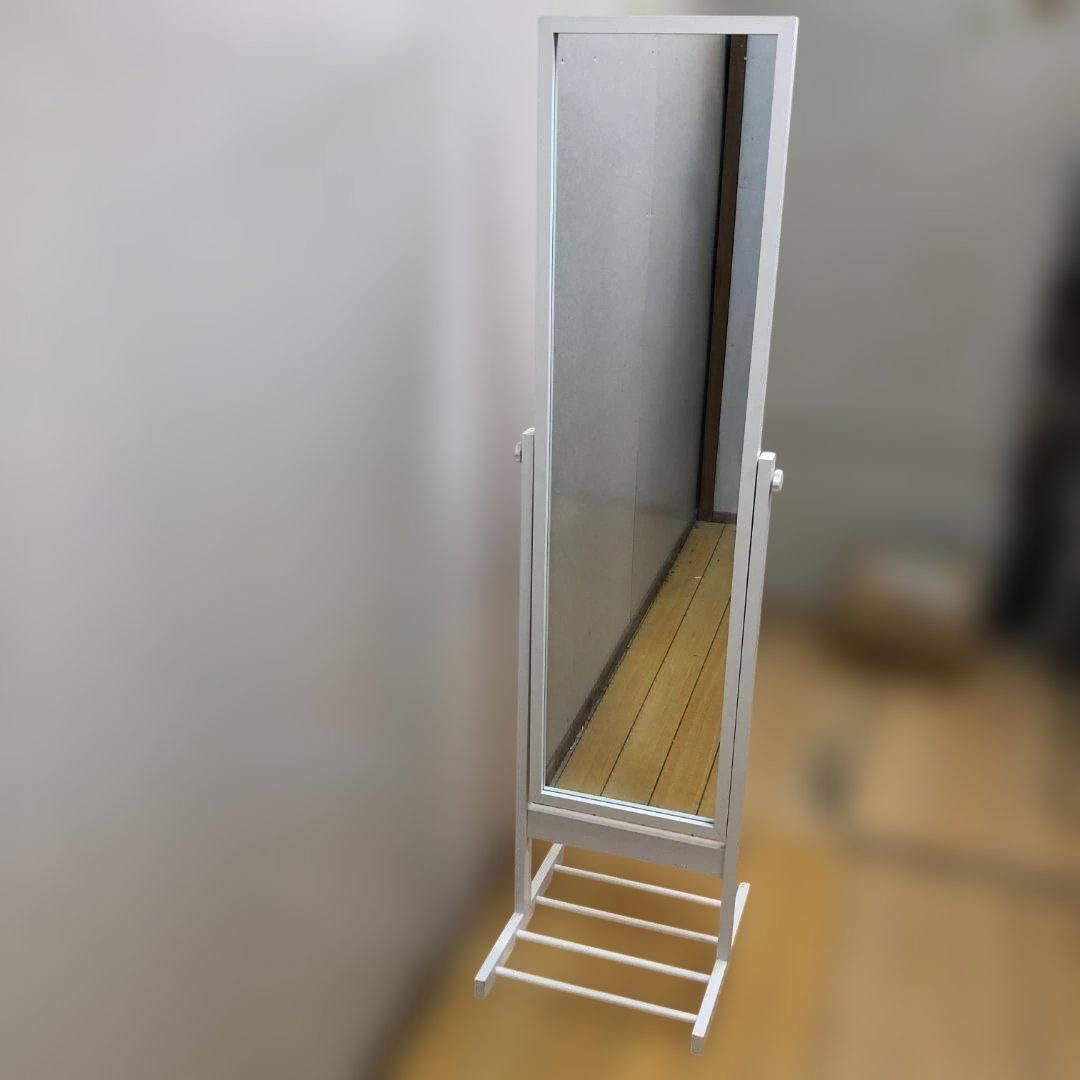 木製スタンドミラー 全身鏡 姿見 ホワイト 角度調整可 幅40cm 高さ