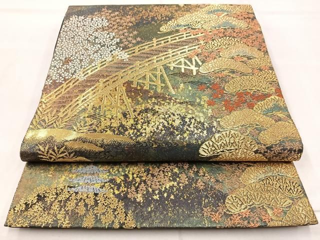平和屋着物◎西陣 服部織物謹製 六通柄袋帯 こはく錦 唐織 風景文 手