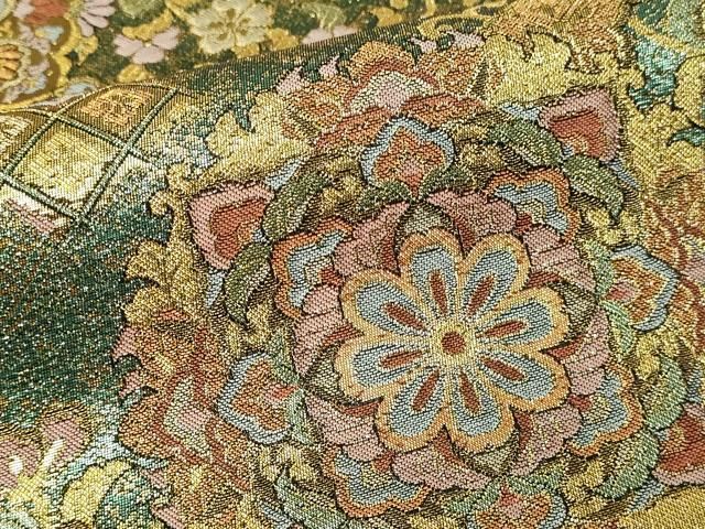 平和屋本店▽六通柄袋帯 正倉院更紗花文 青銅彫金 正絹 逸品