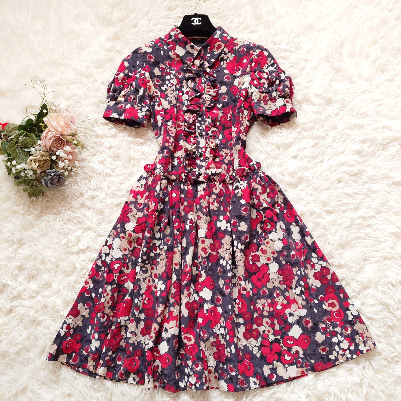 美品 ルネ Rene TISSUE社製 シルク カメリア 花柄 ワンピース 半袖