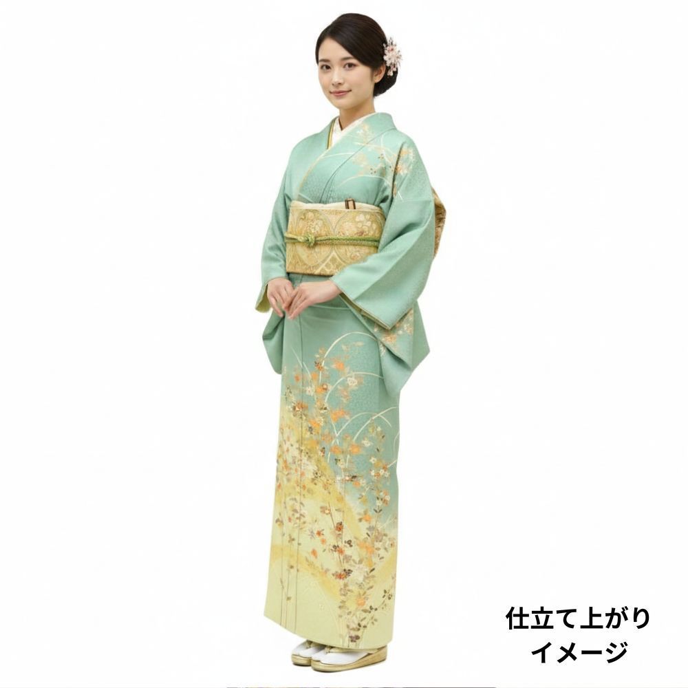 訪問着 仮絵羽 正絹 リユース 中古 ミントグリーン 四季花 金彩 逸品