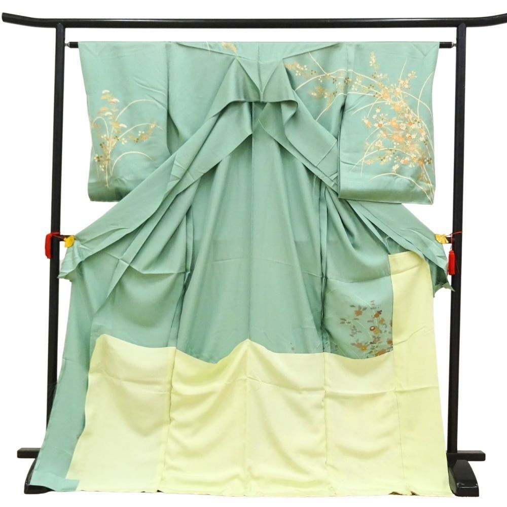 訪問着 仮絵羽 正絹 リユース 中古 ミントグリーン 四季花 金彩 逸品