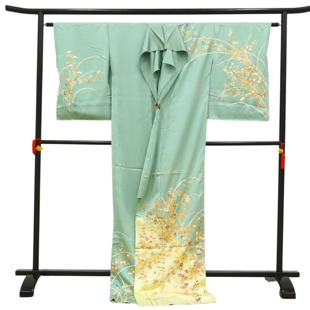 訪問着 仮絵羽 正絹 リユース 中古 ミントグリーン 四季花 金彩 逸品