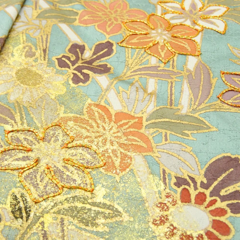 訪問着 仮絵羽 正絹 リユース 中古 ミントグリーン 四季花 金彩 逸品