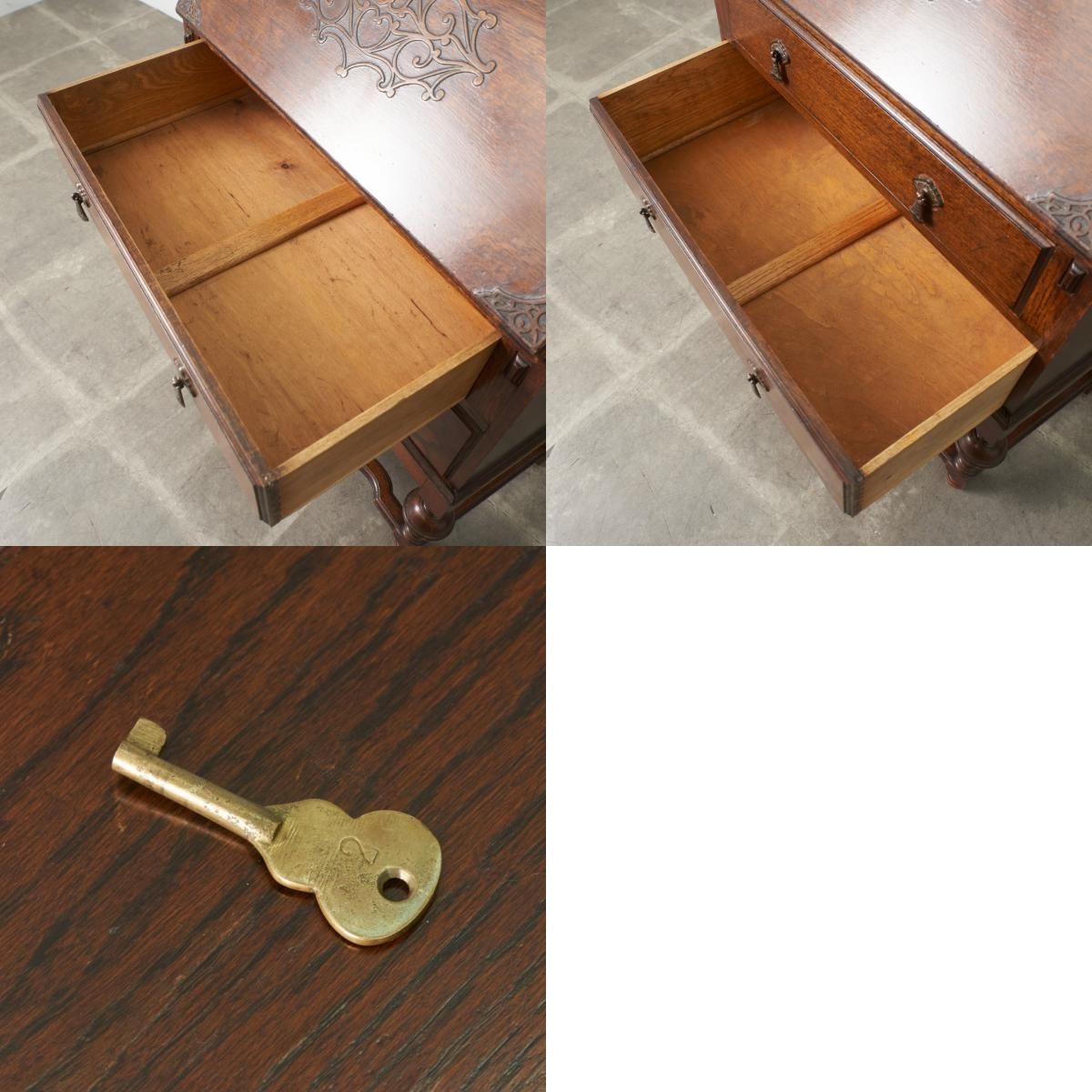 英国 アンティーク ライティング ビューロー 木彫刻 オーク 無垢材