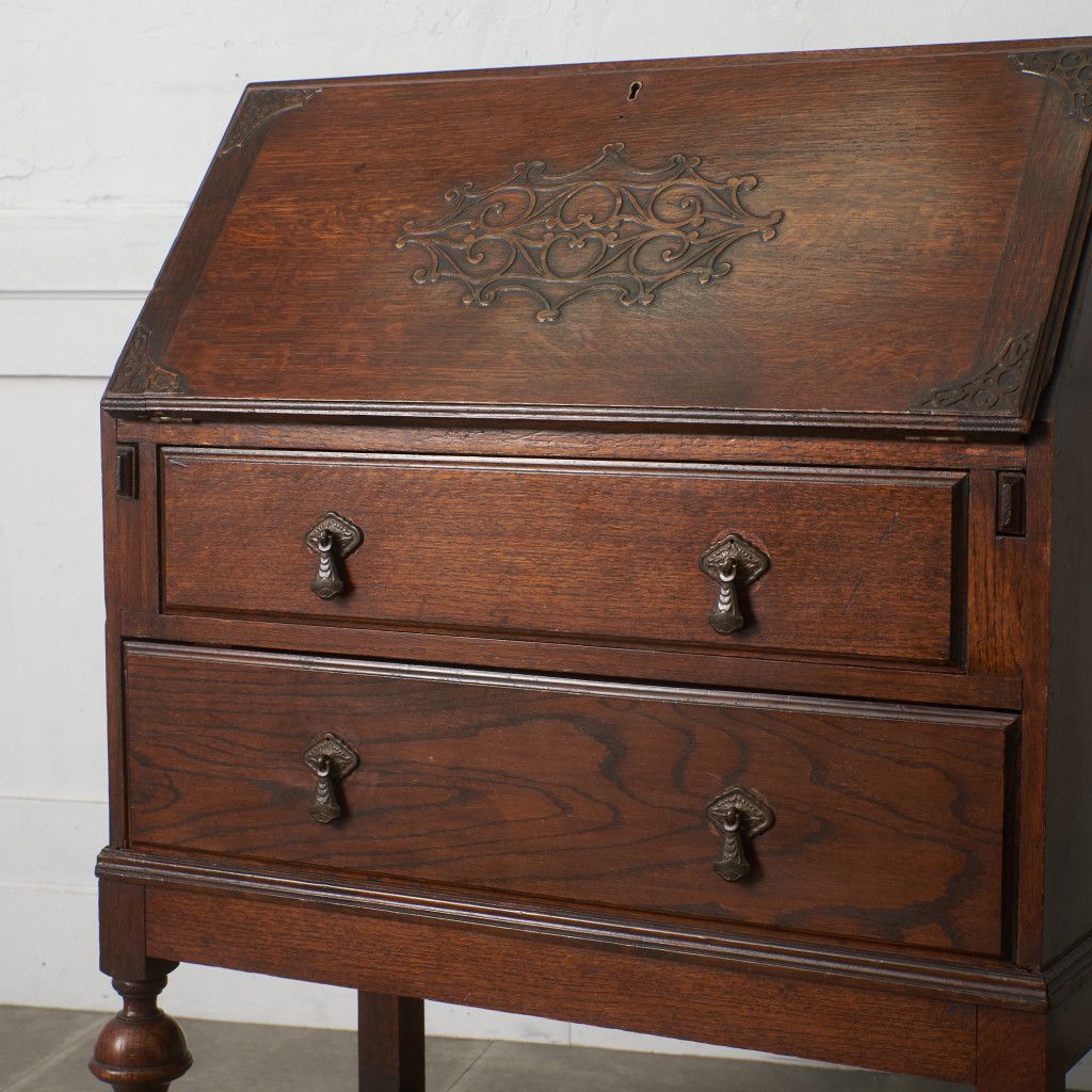 英国 アンティーク ライティング ビューロー 木彫刻 オーク 無垢材