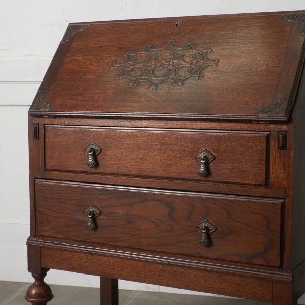 英国 アンティーク ライティング ビューロー 木彫刻 オーク 無垢材