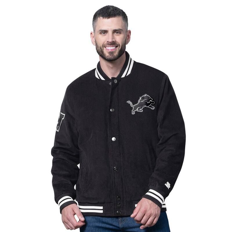 スターター メンズ アウター ジャケット・ブルゾン コーデュロイ Menstarter Black Detroit Lions Blackout Corduroy FullSnap Varsity Jacket Lns Black ブラック