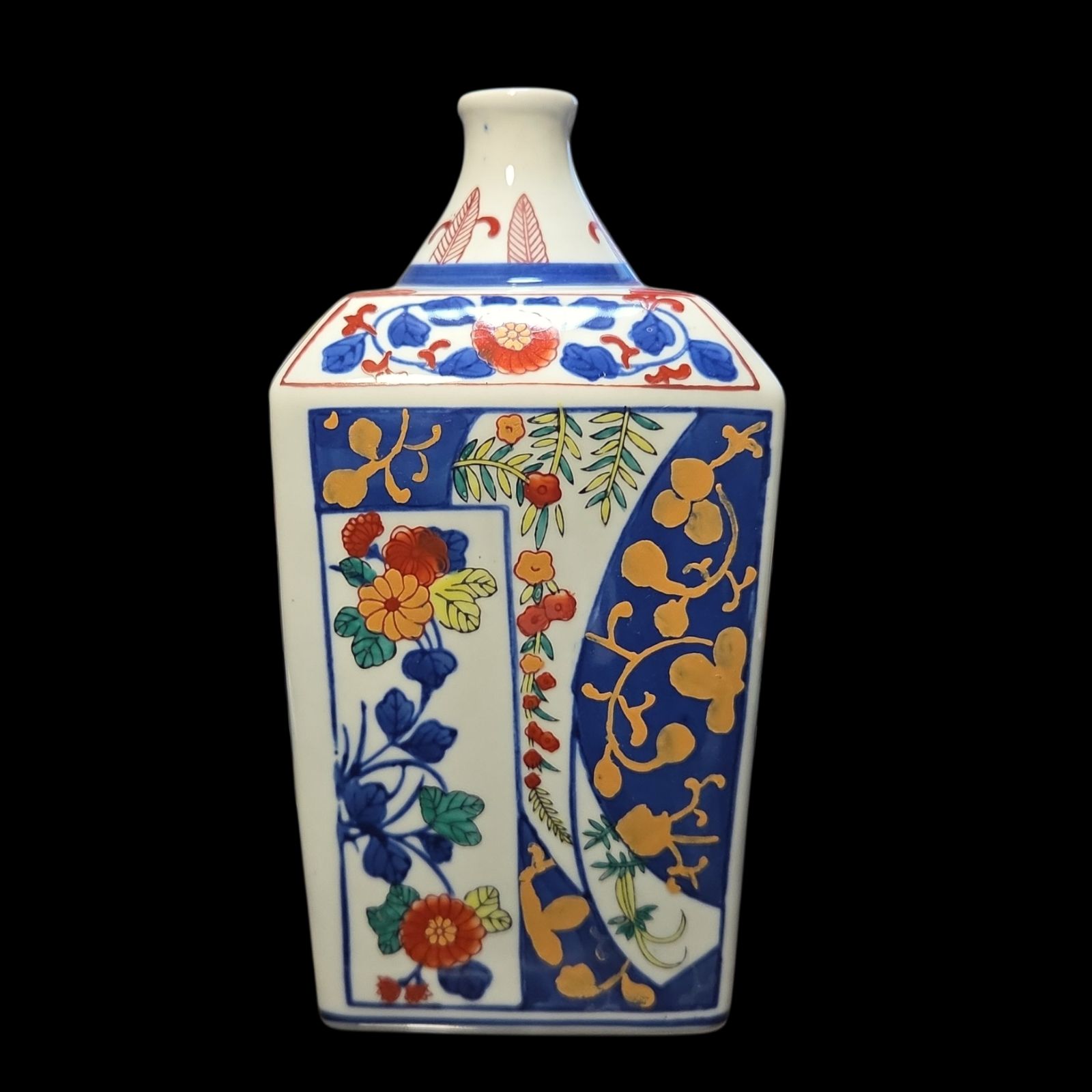 古伊万里 色絵金襴手 松竹梅花唐草模様四方瓶 角徳利 酒器 四方瓶