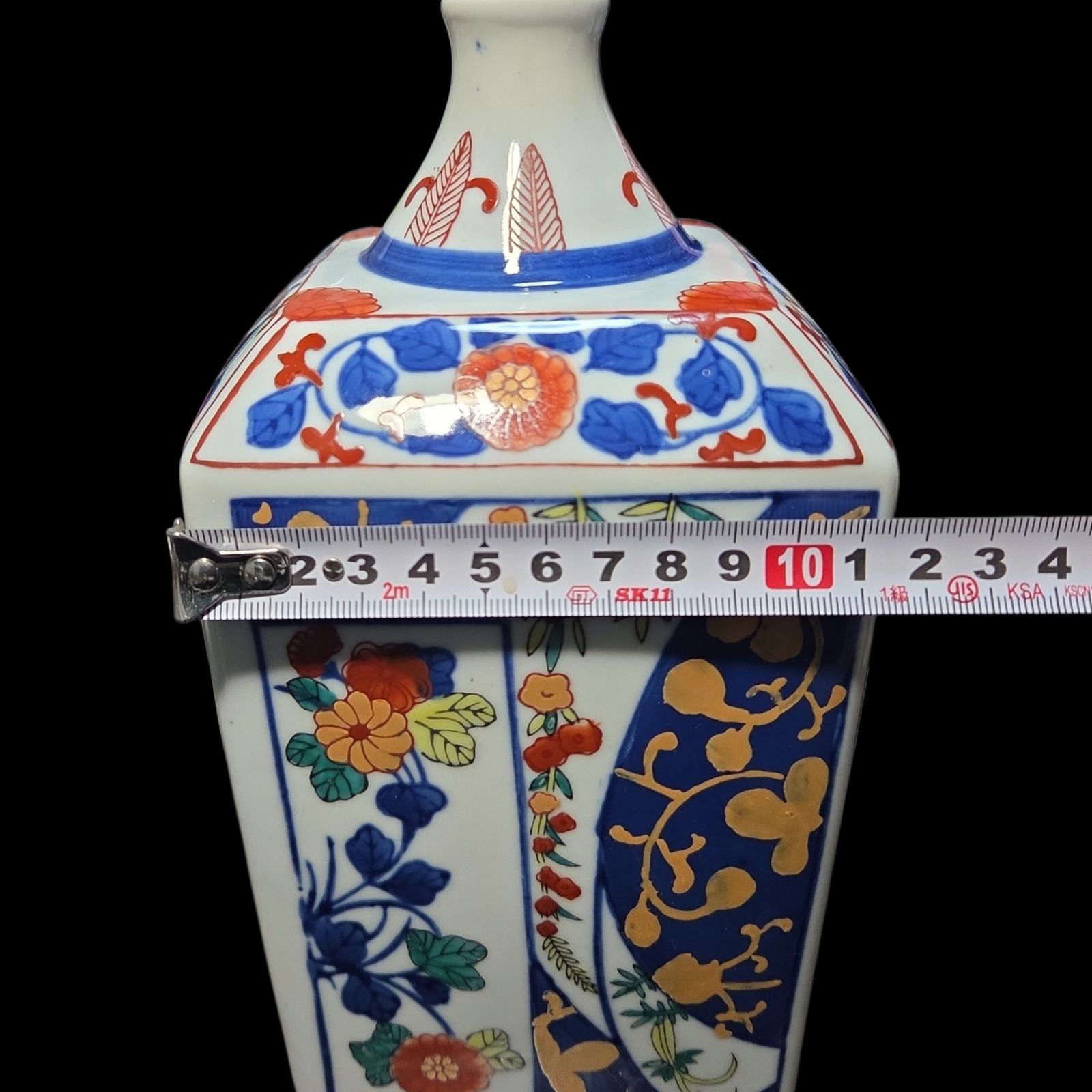 古伊万里 色絵金襴手 松竹梅花唐草模様四方瓶 角徳利 酒器 四方瓶