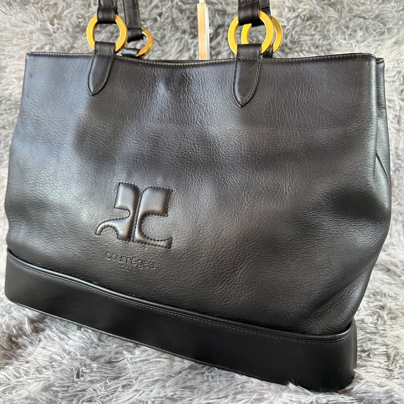 courreges クレージュ ビッグロゴ 本革 レザートートバッグ 黒ブラック