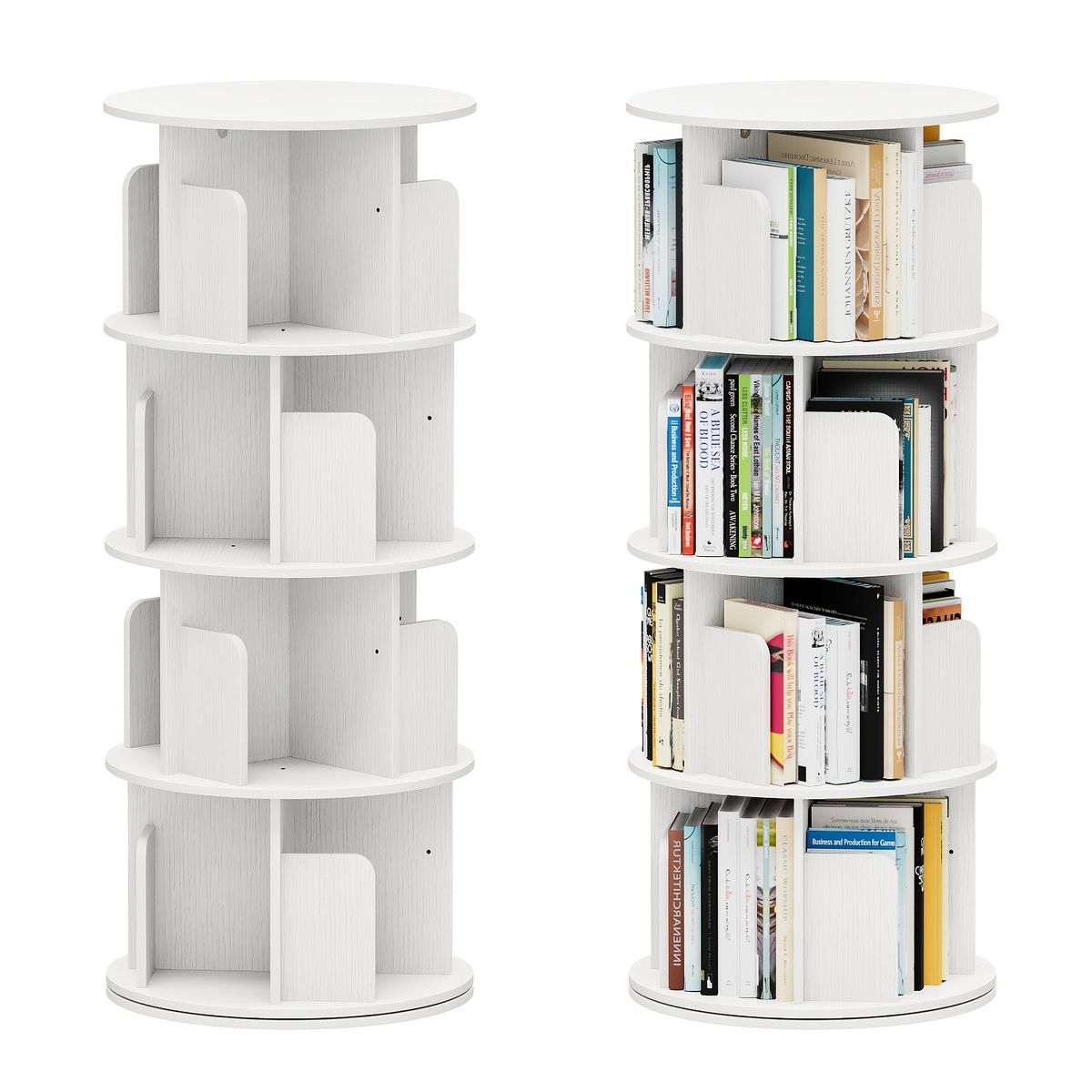大容量・省スペース】4段 回転式本棚 MDF製 組み立て簡単 コミック・CD