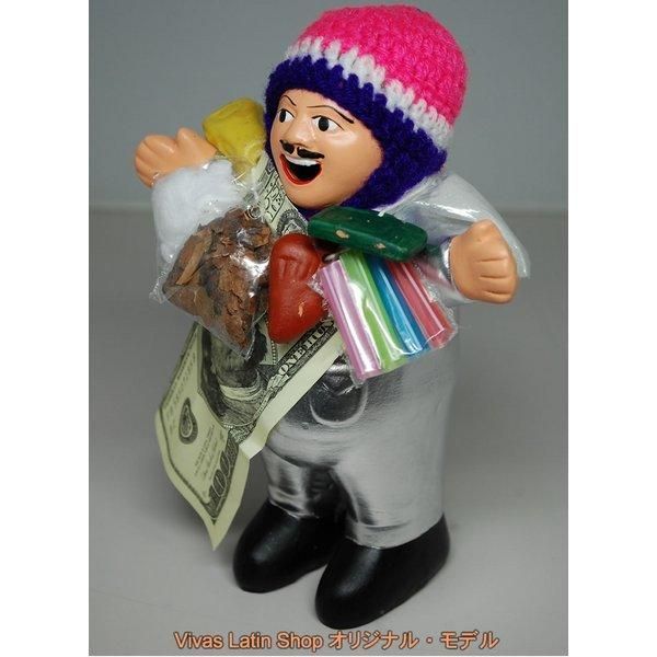 エケコ人形19cm〕 L サイズのエケコ人形 シルバー/銀色 ペルー直輸入