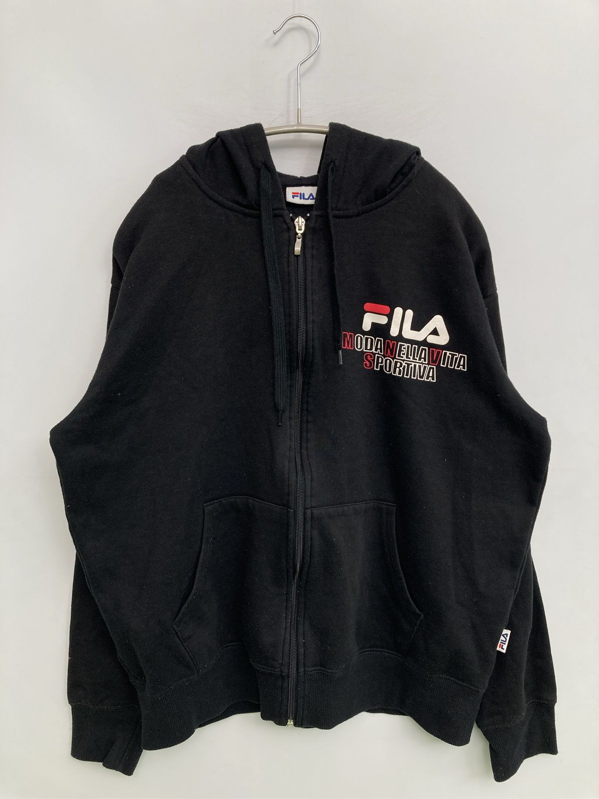 FILA フィラ パーカー L ブラック スウェット 裏起毛 前面プリント ブランドロゴ 刺繍 ジップアップ 長袖