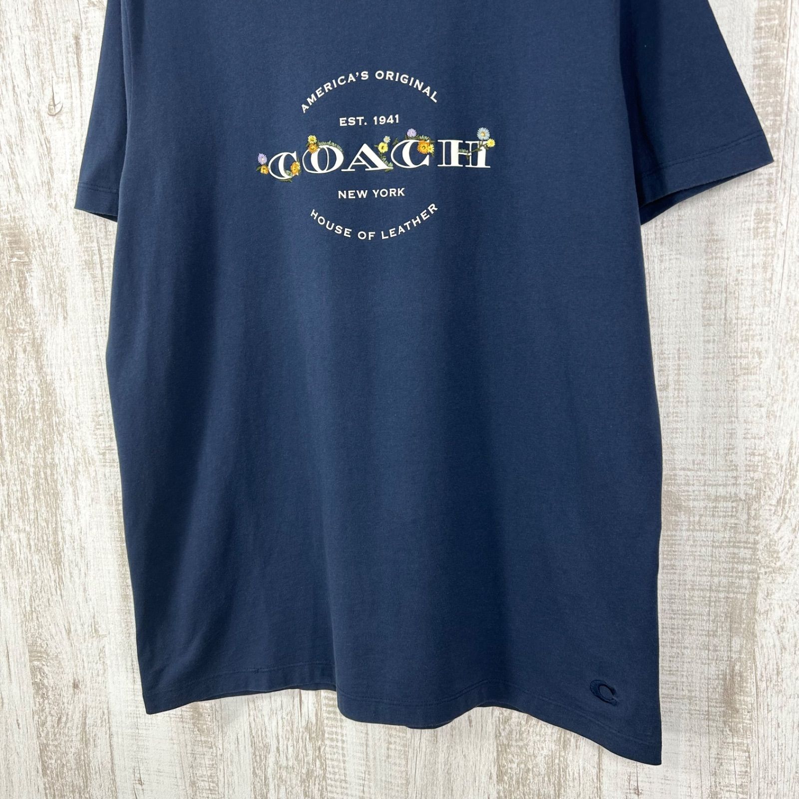 COACH コーチ 花柄刺繡 ロゴプリント Tシャツ ブルー ビッグサイズ
