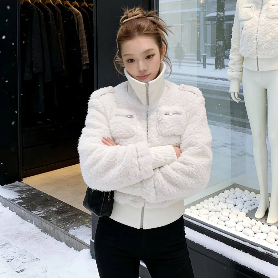 ハイネックボアジップブルゾン ブラック ホワイト デート 防寒