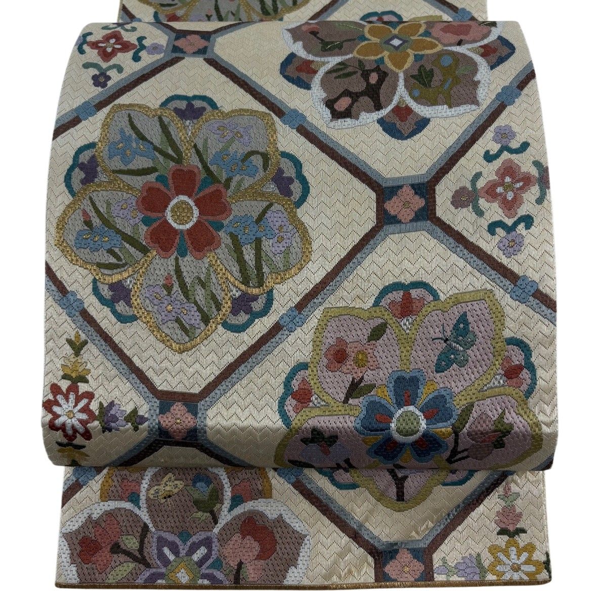 袋帯 逸品 蜀江華文 花鳥 絽刺し 金銀糸 ベージュ 全通 正絹 【中古