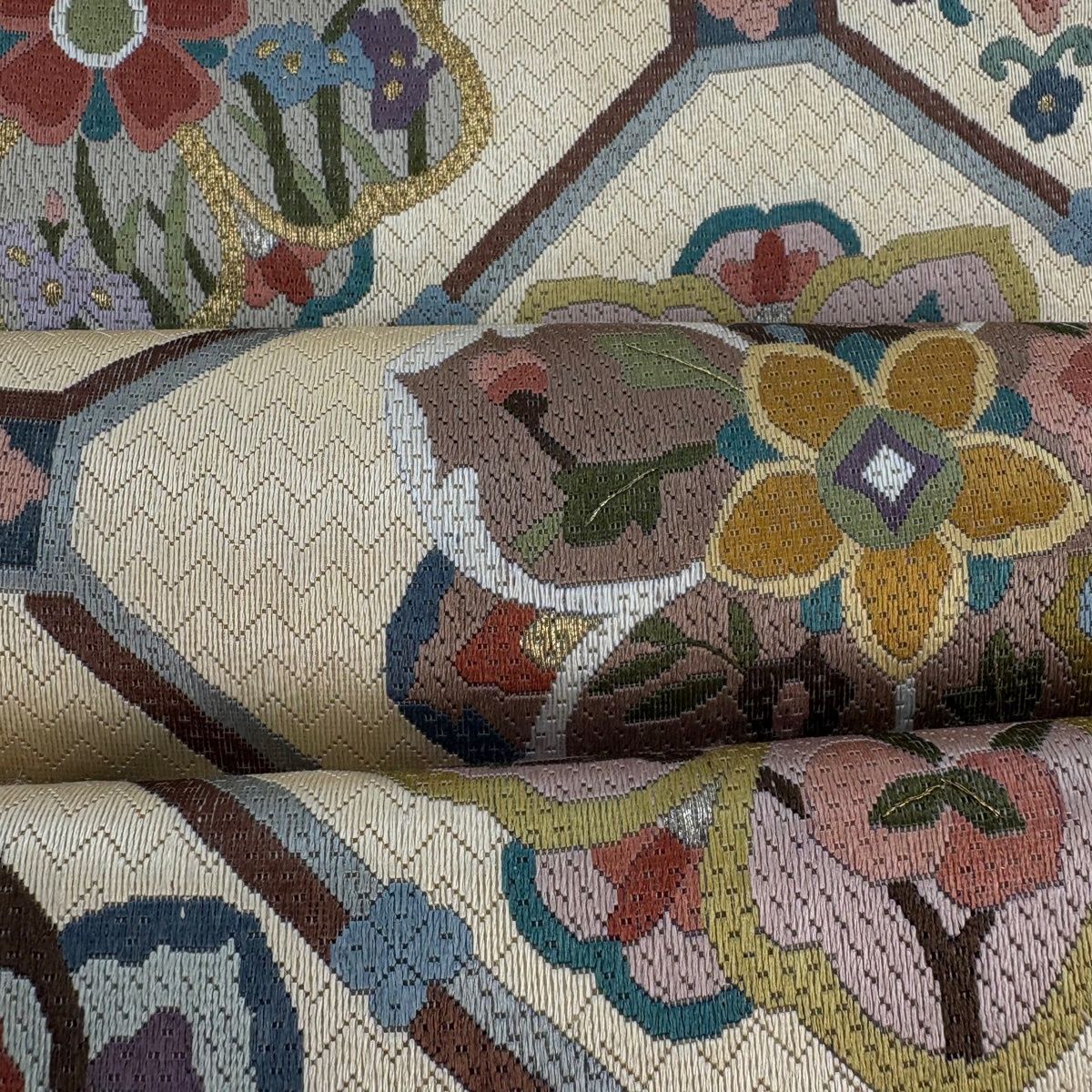 袋帯 逸品 蜀江華文 花鳥 絽刺し 金銀糸 ベージュ 全通 正絹 【中古