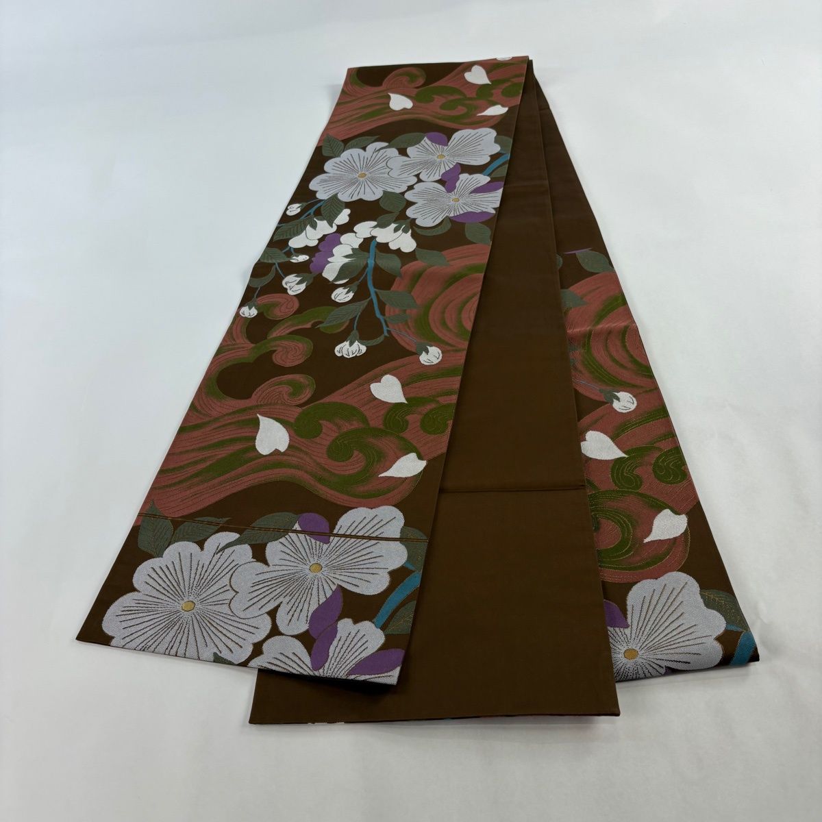 美品】 袋帯 逸品 辻村ジュサブロー 落款 草花 波頭 箔 茶色 六通 正絹