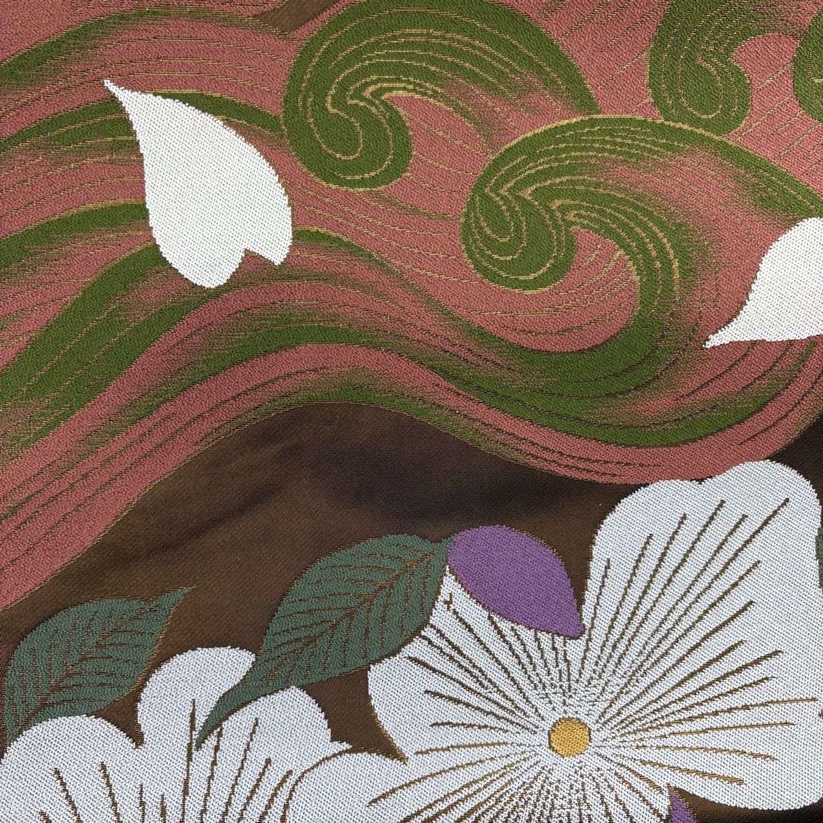 美品】 袋帯 逸品 辻村ジュサブロー 落款 草花 波頭 箔 茶色 六通 正絹