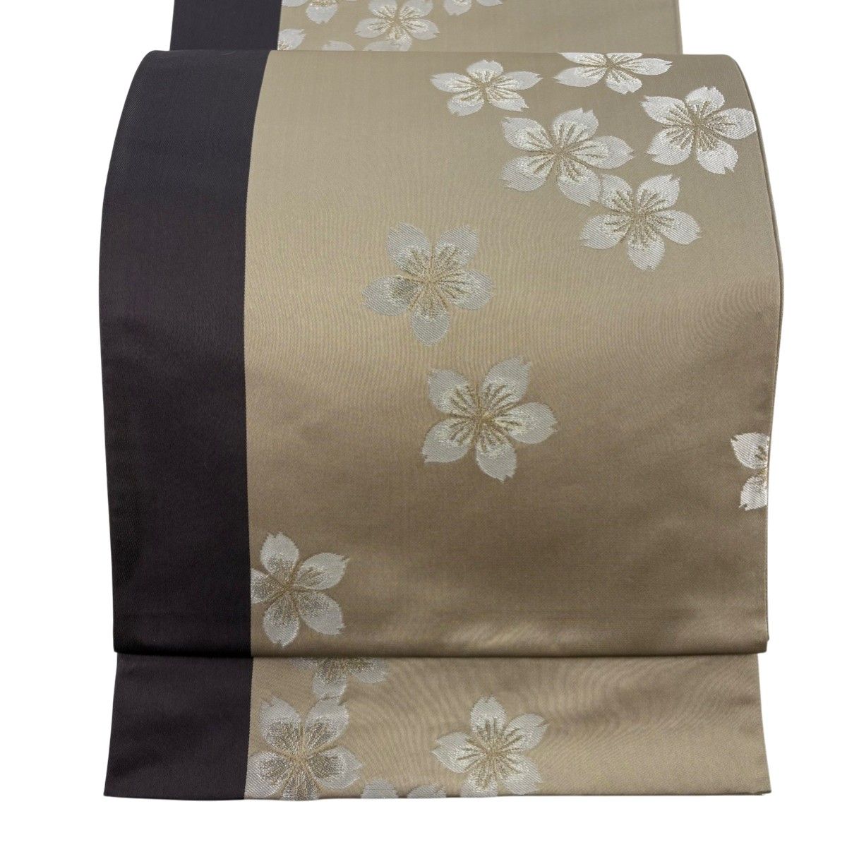 美品】 袋帯 逸品 辻村ジュサブロー 落款 桜 縞 銀糸 ベージュ 六通